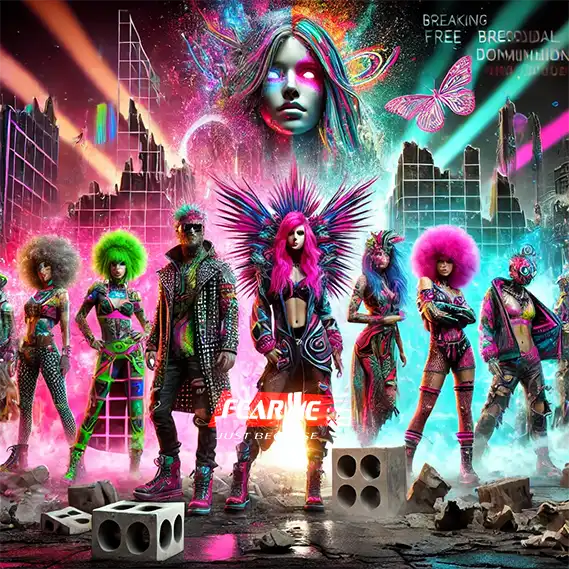 , futuristic digital artwork blending CryptoPunk and anime comic book styles. The scene features a diverse group of bold, expressive characters standing against a backdrop of crumbling societal molds