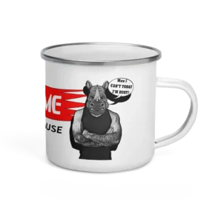 Vennie Rhino 'Can't Today, I'm Busy' Enamel 12oz Mug - featured image- front view - Funny Motivational Drinkware - fmjb collection